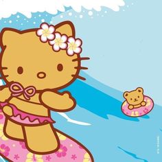 a cartoon hello kitty on a surfboard with a teddy bear floating in the water