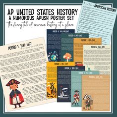 an image of the history of america in four different styles and colors, with text that reads ap united states history a humorous push poster set