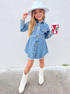 Shop toddler clothing with Mia Belle Girls. It’s the perfect denim dress for your little darling! With a classic silhouette and a lovable look, this frock will make her even more adorable. Breathable denim fabric ensures your girl will be comfortable when she is out enjoying outdoor strolls, playdates, and more. Toddler Denim Dress, Denim Dress With Belt, Toddler Cowgirl, Belted Denim Dress, Long Sleeve Denim Dress, Looks Country, Girls Fall Outfits, Perfect Denim, Toddler Clothing