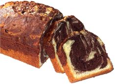 a loaf of chocolate swirl bread cut in half