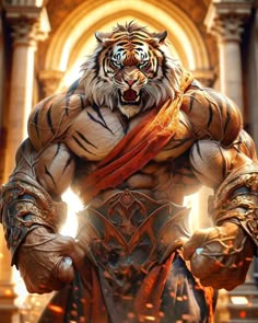 a tiger is standing in front of a building with his hands on his hips and wearing armor