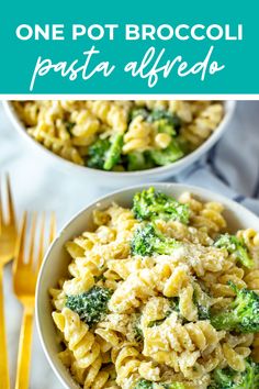 two bowls filled with pasta and broccoli on top of a white tablecloth