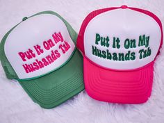 Elevate your style with our embroidered trucker hat! Perfect for any occasion, this hat adds a touch of personality to any outfit. Show off your sense of humor and love for your spouse with our "Put It On My Husband's Tab" design. Sure to be a conversation starter and create envy among other husbands! Material: 100% Polyester