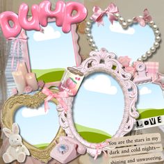 a collage of photos with pink and white items in the shape of heart shaped frames