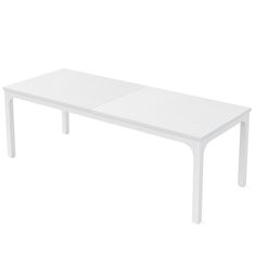 the table is white and has two sections on each side, with one section at the end