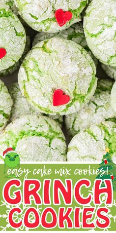 some green cookies with red hearts on them and the words, easy cake mix cookies