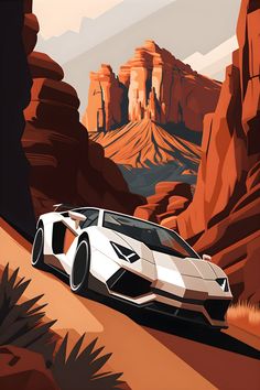 a white sports car driving down a desert road in front of red rocks and mountains