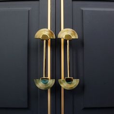 two gold handles on a black door