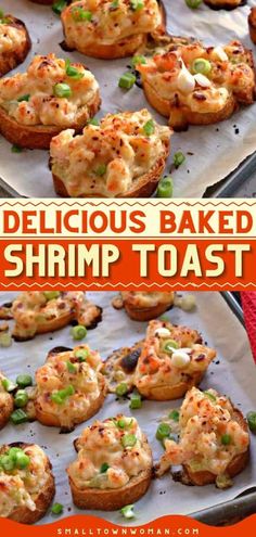 easy baked shrimp toast on a baking sheet with the title in red and white above it