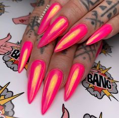 Crazy Nail Colors, Hot Pink And Chrome Nails, Pink Orange Chrome Nails, Chrome Hot Pink Nails, Pink Unicorn Chrome Nails, Neon Pink Chrome Nails, Hot Pink Nails With Chrome, Bright Pink Chrome Nails, Pink Unicorn Nails