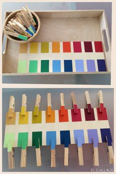 two trays with clothes pins and colored swatches