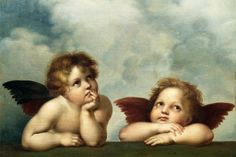 two cherubs resting on a table with their heads turned to the side and looking at each other