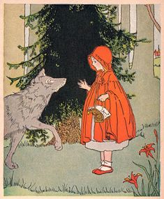 a little red riding on the back of a wolf