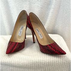 Good Condition, Wear On The Soles, Heel In Tact. No Dustbag Or Box. Measurements In Pics! Heels Red, Jimmy Choo Shoes, Snake Skin, Jimmy Choo, Shoes Women Heels, Stiletto Heels, Shoes Heels, Dust Bag, Black And Red