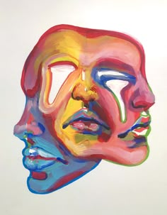 a painting of two faces with different colored lines on the upper half of their face