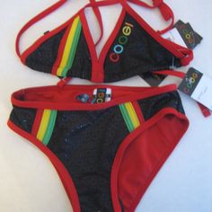 Coogi Girl's Black & Red 2 Piece Bikini Swim Suit Sz 5 Nwwt 90% Polyester 10% Spandex Brand Coogi Style S2g053h Girl's Black/Red/Yellow/Green 2 Piece Bikini Swim/Bathing Suit Size 5 Black Swim Suit With Red Trim & Yellow,Red,Green Stripes Cute Black & Red Bikini Swim Suit Thank You For Looking Black Stretch Swimwear For Play, Playful Red Stretch Swimwear, Fun Fitted Black Swimwear, Black Bathing Suits, Swimming Bathing Suits, Red Green Yellow, Kids Swimming, Black Swimsuit, Swim Suit