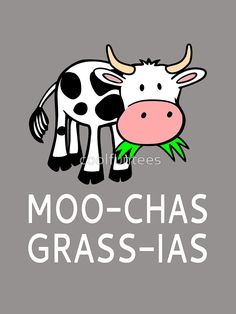 a cartoon cow with grass in its mouth