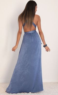 Samara Satin Maxi Dress in Palace Blue | Lucy in the Sky Maxi Length Tie Back Dress For Night Out, Summer Tie Back Maxi Dress For Prom, Chic Tie-back Maxi Dress For Prom, Summer Prom Maxi Dress With Tie Back, Spring Prom Floor-length Backless Dress, Chic Prom Maxi Dress With Tie Back, Prom Maxi Dress With Tie Back And V-neck, Chic Maxi Length Backless Dress For Prom, Party Dresses With Tie Back And Maxi Length