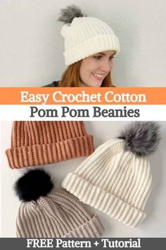 the easy crochet hat pattern for pom pom beanies