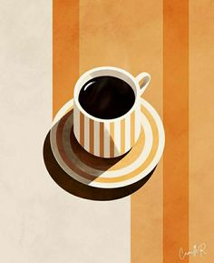 a coffee cup sitting on top of a saucer next to an orange and white striped wall