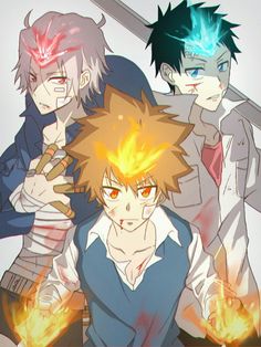 three anime characters standing next to each other in front of a white background with orange and blue flames