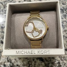 Michael Kors Gold Watch With Hearts . Brand New With Box Gold Michael Kors Watch, Michael Kors Jewelry, Cool Watches, Gold Watch, Michael Kors, Women Jewelry, Brand New, Gold, Women Shopping