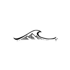 a black and white drawing of a mountain with a wave coming up from the top