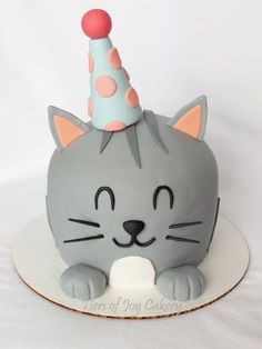 a cat cake with a party hat on top