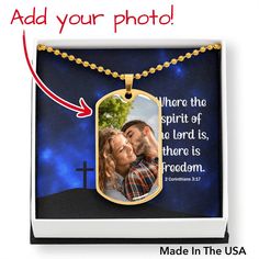 a dog tag necklace with an image of a couple on it and the words to my boyfriend