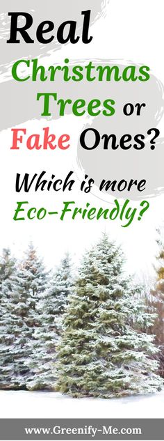 the words real christmas trees or fake ones which is more eco - friendly? on a white background