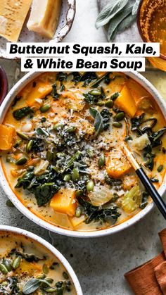 two bowls of vegetable soup with cheese and bread on the side, next to other dishes