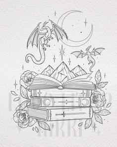 an open book with a dragon flying over it and roses on the pages, surrounded by stars