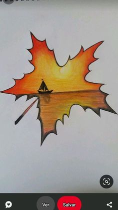 a drawing of a leaf with a boat on it