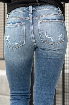 KanCan Jeans An ankle skinny fit with a mid-rise and frayed hem. These have a fitted leg with distress and a whiskered wash in medium blue. Color: Medium Wash Ankle Skinny, 26.5" Inseam* Mid Rise, 9.5" Front Rise* 94% COTTON, 5% POLYESTER, 1% SPANDEX Fly: Zipper Style #: KC9291M *Measured on the smallest size, measurements may vary by size. Contact us for any additional measurements or sizing. If the size you're after isn't in stock, no worries! Simply click on your preferred size and hit the "n Kancan Jeans, Los Angeles Usa, Walk This Way, Medium Blue, Trend Setter, Perfect Pair, Everyday Essentials Products, Evening Gowns, Unique Style