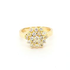 1 Ct Round Shape Natural Diamond Ring || Solid 14k Yellow Gold || Estate Ring || One Of A Kind || Free Ring Resizing ~~ S e t t i n g ~~ Solid 14k Yellow Gold 4.41 grams Ring Size 6.5,6.75,7,7.25,7.5;7 US ~~ Stones ~~ Main Stone: Round Shape Natural Diamond In Weight Of 1 Ct (Approx.) Clarity - Si2-i1 Color - I-j So who is Nola? Nola is our creation and imagination. All the idea of Nola is to bring the legacy and our passion to you, that obviously looking to find a unique and one-of-a-kind piece Yellow Gold Cluster Halo Ring For Wedding, Cluster Ring With Brilliant Cut For Promise, Brilliant Cut Cluster Promise Ring, Diamond Cluster Flower Ring With Brilliant Cut, Brilliant Cut Diamond Cluster Flower Ring, Wedding Flower Cluster Ring With Rose Cut Diamonds, Cluster Flower Promise Ring In Fine Jewelry, Cluster Flower Ring Brilliant Cut For Promise, Brilliant Cut Cluster Flower Promise Ring