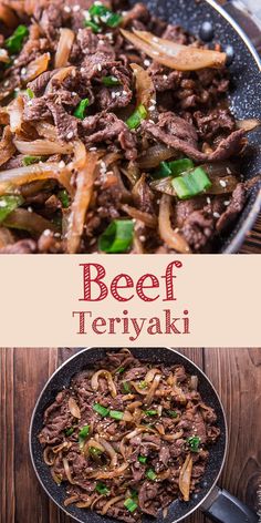 beef teriyaki in a skillet on a wooden table with text overlay