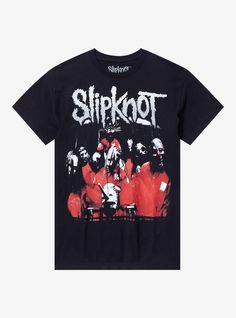 a black t - shirt with an image of slipknot on the front and bottom