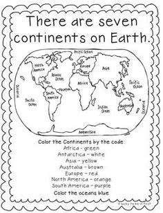 there are seven continents on earth coloring page with the names and their corresponding words