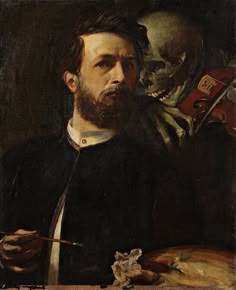 a painting of a man with a knife and skull in the background, holding a paintbrush