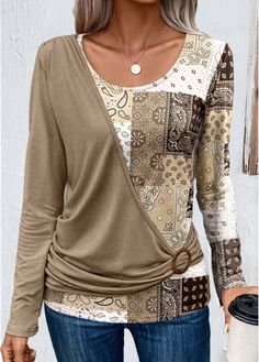 Color:Light Camel;Size:S;Size:M;Size:L;Size:XL;Size:XXL;Package Contents:1 X T Shirt;Occasion:Other;Style:Casual; T Shirt Remake, Casual Elegant Style, Patchwork Top, Women Shirts Blouse, Patchwork Designs, Knitted Tshirt, Casual Blouse, Long Sleeve Knit, Elegant Fashion