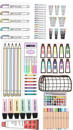 an assortment of markers and pencils are shown