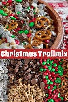 christmas trail mix in a wooden bowl with pretzels, candy and pretzels