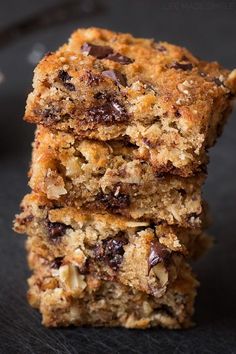 three chocolate chip oatmeal bars stacked on top of each other