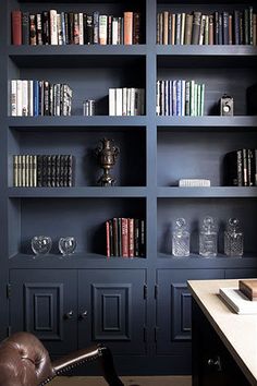 a blue bookcase filled with lots of books