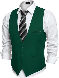 Enhance your formal attire with our Men's Sleeveless Formal Slim Fit Suit Vest. Crafted with impeccable tailoring and a slim fit design, this vest adds a sleek and polished look to any suit. The sleeveless design allows for a comfortable and breathable experience, perfect for any formal occasion. Stand out with confidence and style. 82% Polyester, 18% Spandex Care instructions Dry Clean or Hand Wash This Men's dress vests with high quanlity soft fabric, lightweight and smooth. Excellent craftman Fitted Sleeveless Vest For Semi-formal Occasions, Fitted Sleeveless Office Vest, Classic Sleeveless Vest For Formal Occasions, Fitted Suits With Vest For Business Casual, Fitted Business Casual Suits With Vest, Formal Fitted Sleeveless Vest, Green Fitted Classic Vest, Elegant Green Vest For Formal Occasions, Elegant Fitted Green Vest