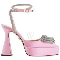 Mach & Mach Ladies Heels. SKU: FW23-S0310-CRP-922. Color: Pink. Mach Mach Pink Crystal Triple Heart Platform Pumps. These pink silk satin heels feature crystal-cut hardware, a pointed toe, heart appliques at the vamp, a wraparound pin-buckle ankle strap, a covered platform midsole, a covered block heel with rubber injection, a leather outsole, and silver-tone hardware. Made in Italy. Please visit the brand website for sizing information. Heart Platforms, Ladies Heels, Triple Heart, Brand Website, Versace Watch, Satin Heels, Denim Shoes, Crossbody Messenger Bag, The Vamps