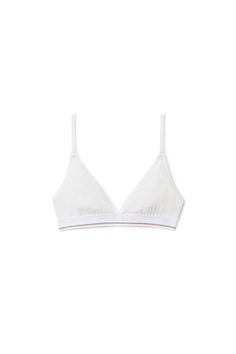 Triangle bra with striped elastic band, adjustable straps and hook-and-eye closures at back in white ribbed jersey. Form-fitting. Jersey lined. Composition: 91% cotton, 9% elastane. Made in china . Model is 5'10" and wears size s. WB001100. Sporty Fitted Triangle Top Bra, Classic White Summer Bra, Ribbed Fitted Bra, White Low-cut Bra With Adjustable Straps, Cotton Daywear Bra, White Cotton Summer Bra, Summer White Cotton Bra, Low-cut White Bra For Summer, White Cotton Bra For Summer