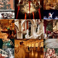 a collage of photos with people dressed in costumes and christmas decorations, including a chandelier