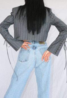 Denim Photoshoot, Orseund Iris, Classy Jumpsuit, Balmain Blazer, Jumpsuit Outfits, Flare Pant, Crop Blazer, Thrift Fashion, Outwear Jackets