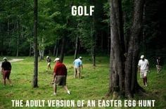 people are playing golf in the woods on an easter egg hunt, with text overlay